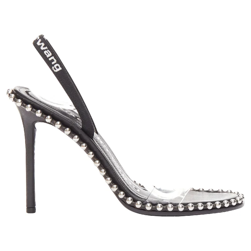 Fashion Frontiers Alexander Wang Nova 105 silver studded black logo slingback heels