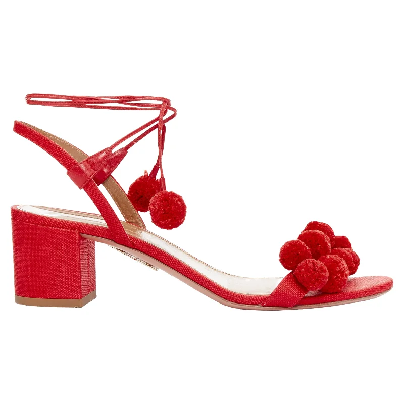 Comfortable Chic Aquazzura pom pom red raffia applique ankle tie mid heels