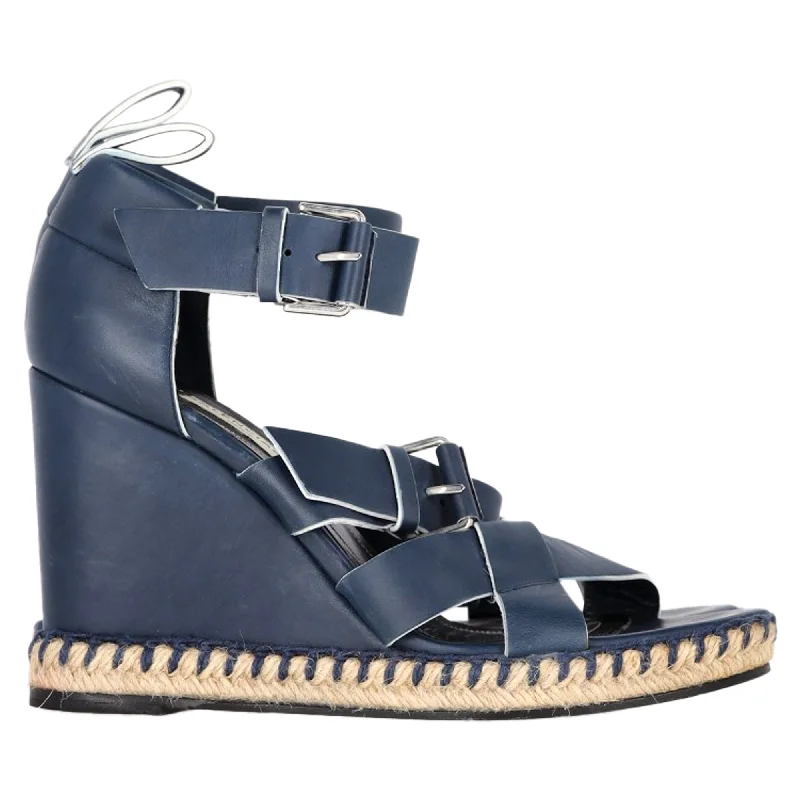 Comfortable Work Shoes Balenciaga Buckle Straps Espadrille Wedge Heels in Navy Blue Leather