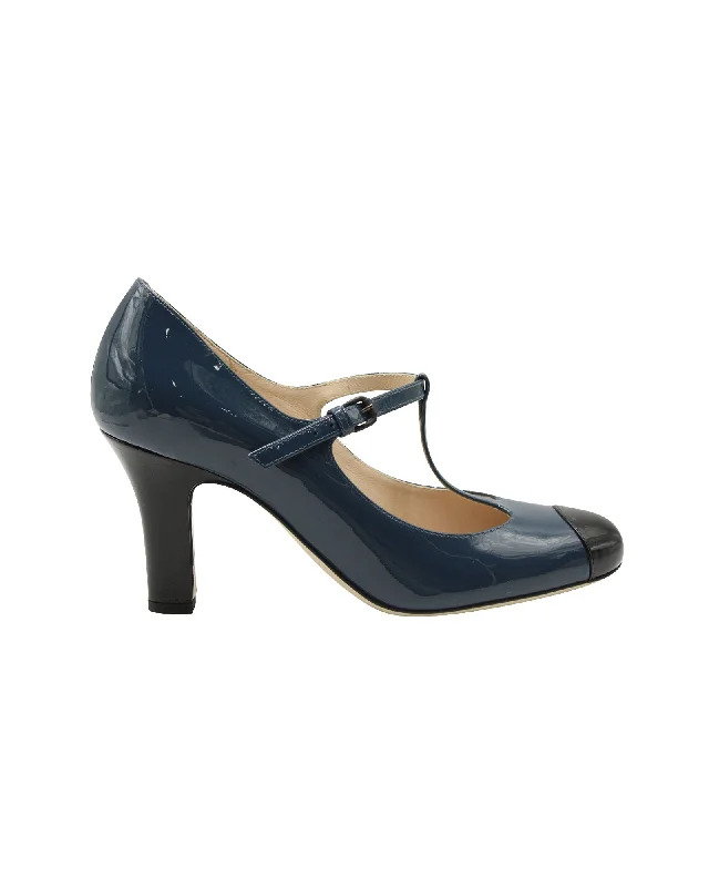 Women's Adventure-Ready Shoes Bottega Veneta T-Strap Two-Toned Mary Janes in Blue Patent Leather