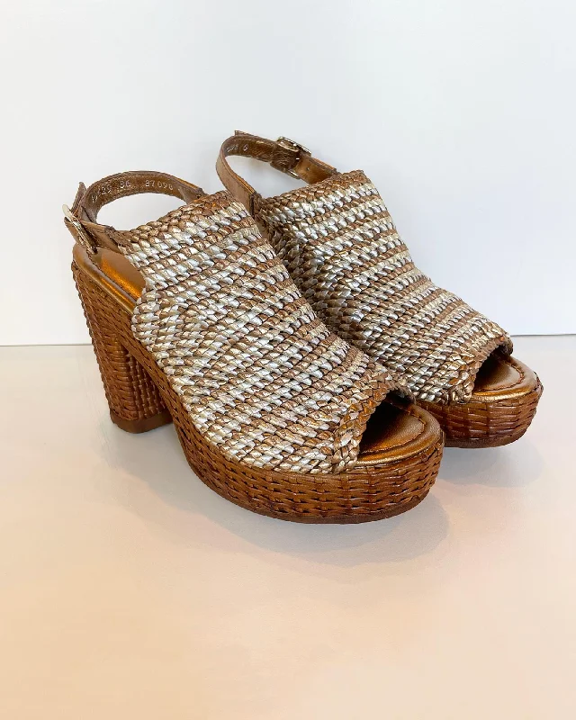 Shop Sales Cannes Woven Leather Platform Heel In Platinum/silver