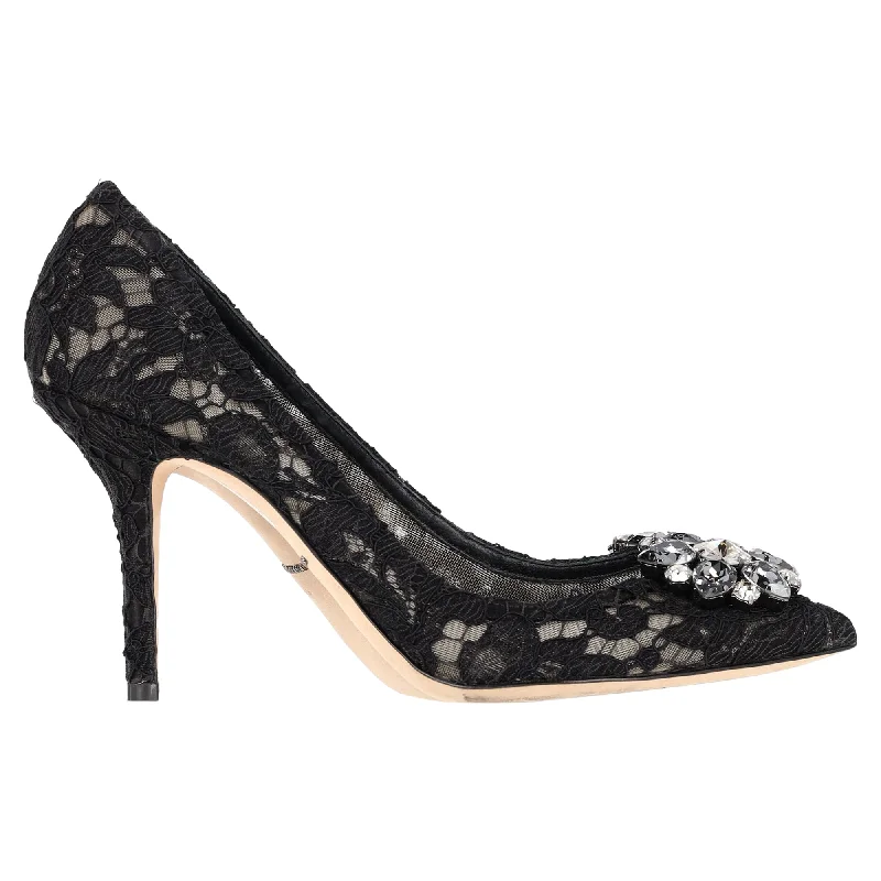 Modern Urban Slip-Ons Dolce & Gabbana Lace Rainbow Pumps with Brooch in Black Rayon