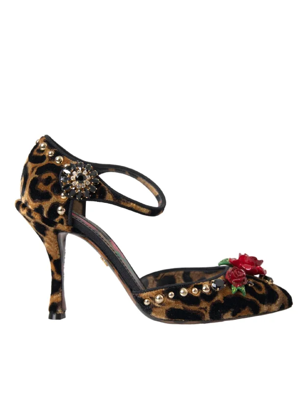 Luxury Formal Shoes Deals Dolce & Gabbana  Leopard Floral Crystal Mary Janes Pumps Women's Shoes