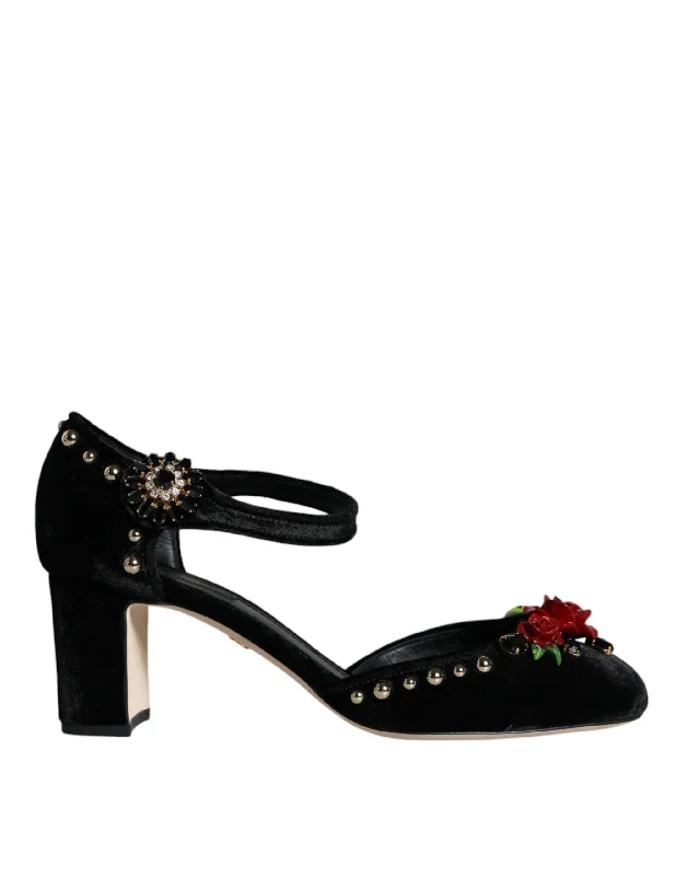 Comfortable Office Shoes Dolce & Gabbana  Velvet Roses Ankle Strap Pumps Women's Shoes