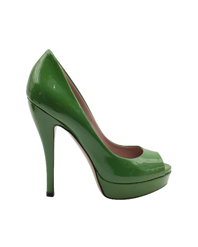 Comfortable Office Shoes Gucci Peep-Toe High Heel Pumps in Green Patent Leather