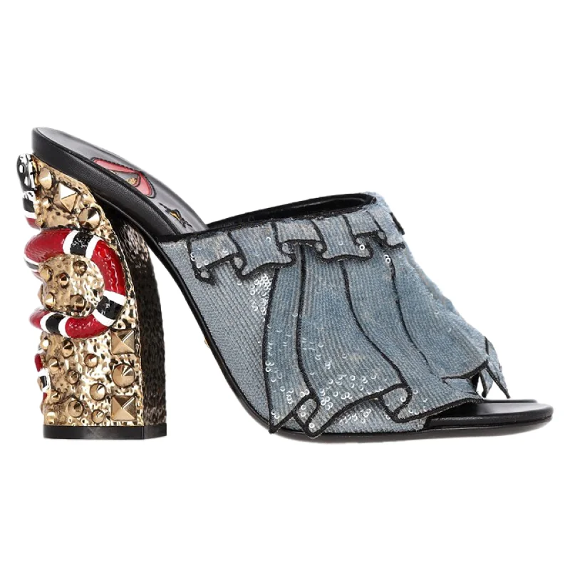 Comfortable Walking Shoes Gucci Trompe L'Oeil Sequin Ruffle Block Heel Mule Sandals in Blue Silk