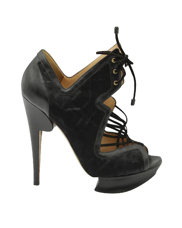 Comfortable Flats Nicholas Kirkwood Caged Lace Up Heeled Sandals in Black Pony Hair