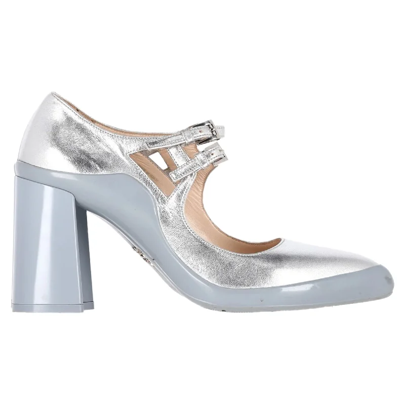 Soft Sole Casual Shoes Prada Double Strap Mary Jane Block-Heeled Pumps in Silver Leather