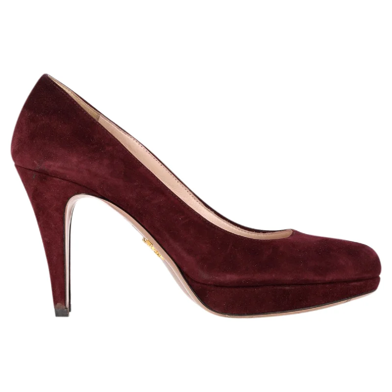 Women's Bold Fashion Shoes Prada Platform Heel Pumps in Burgundy Suede