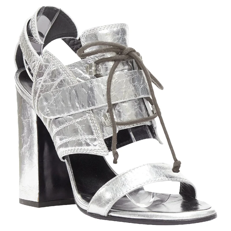 Holiday Glam Proenza Schouler crinkled metallic silver leather laced block heel sandal