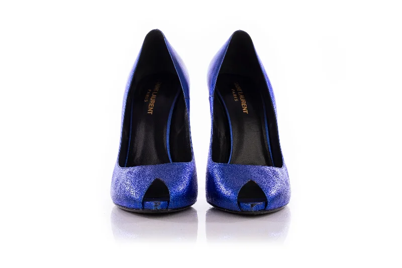 Women's Everyday Flats Saint Laurent Blue Metallic Peeptoe Pumps