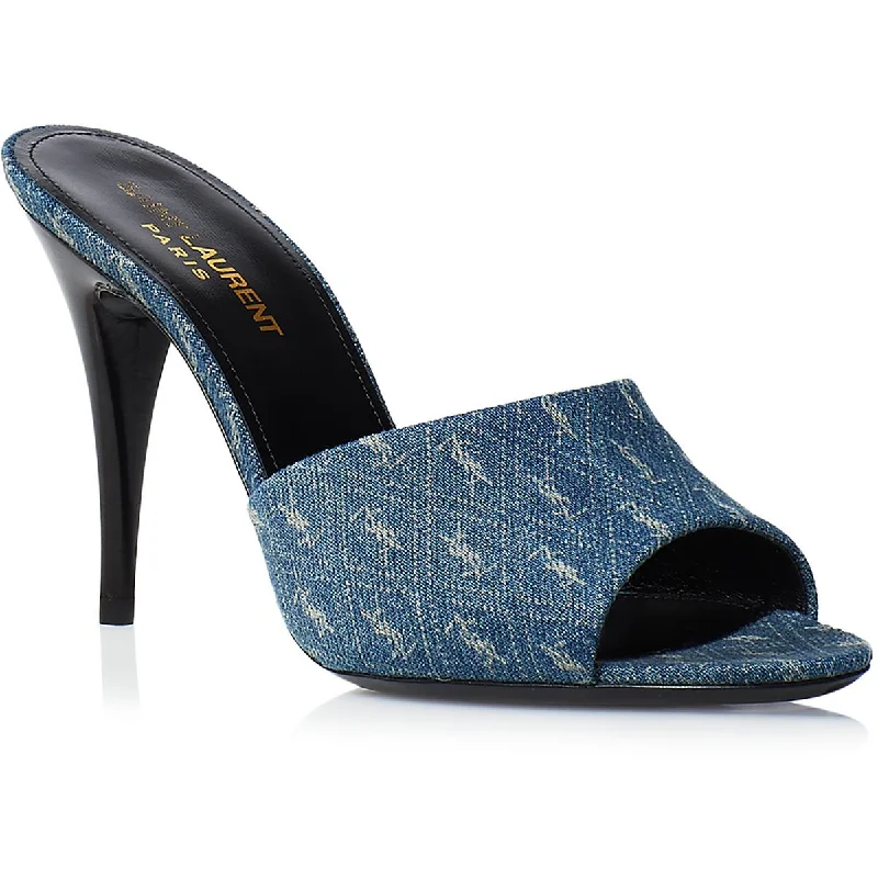 Trend Alert Saint Laurent Womens JACQUARD  Denim Almond toe Mule Sandals