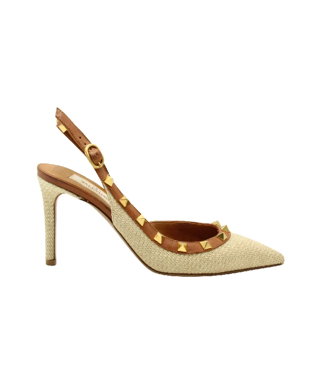 Sleek Versatile Footwear Valentino Garavani Rockstud Leather Trimmed Slingback Heels in Beige Raffia