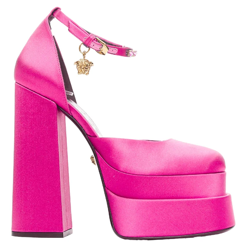 Luxury Streetwear Shoes Versace Aevitas Fuchsia Satin Gold Crystal Medusa Platform