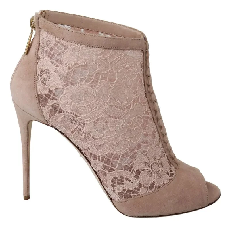 Casual Yet Chic Sales Dolce & Gabbana  Lace Suede Peep Toe Ankle Boots Women's Shoes (Pre-Owned)