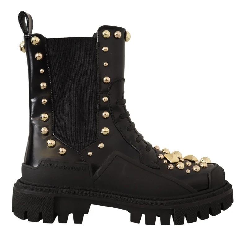 Formal Shoes Deals Dolce & Gabbana Studded Leather Combat Boots with Women's Embroidery