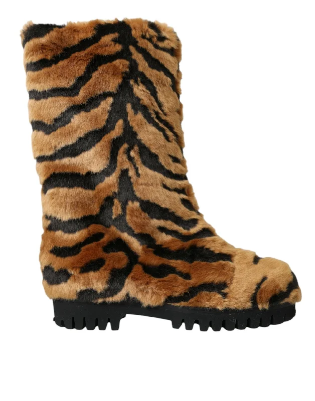 Season Offer Dolce & Gabbana  Tiger Fur Leather Mid Calf Boots Women's Shoes