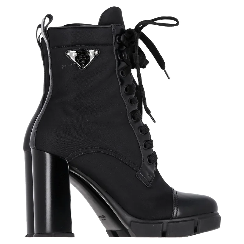 Trendy Looks On Sale Prada Re-Nylon Logo Lace-Up High-Heeled Boots in Black Nylon