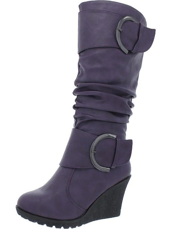 The Latest Fashion Trends Pure Womens Faux Leather Mid-Calf Wedge Boots