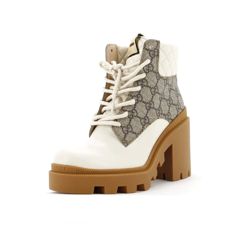 Limited Stock, Big Discounts Women's Lace Up Heeled Ankle Boots GG Coated Canvas with Quilted Leather