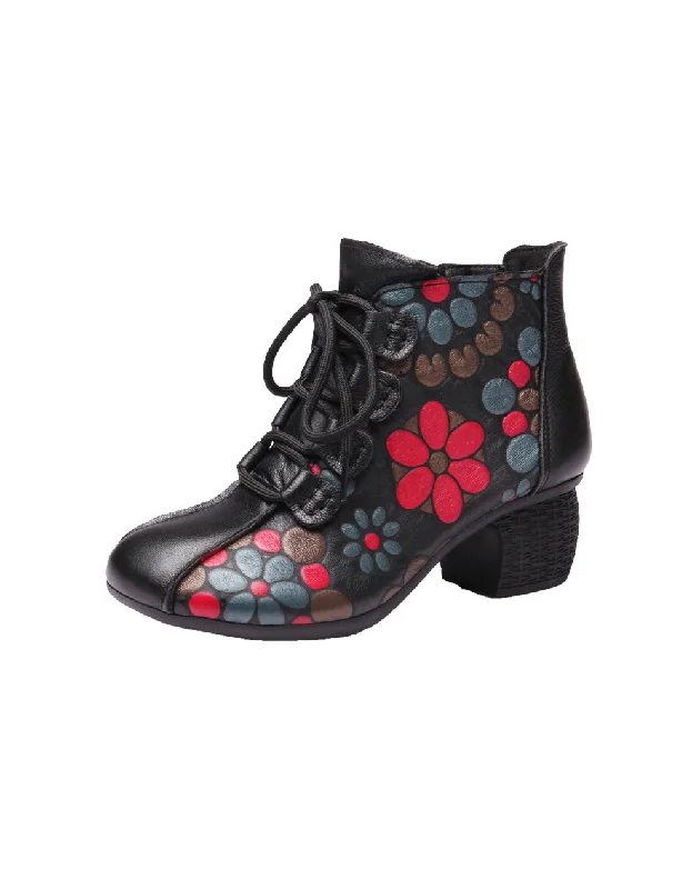 Top Brand Discounts Chinese Style Flower Printed Leather Chunky Boots 41