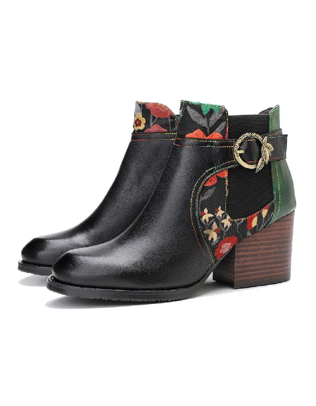 Hot Sale Hand-painted Leather Side Buckle Floral Chelsea Boots