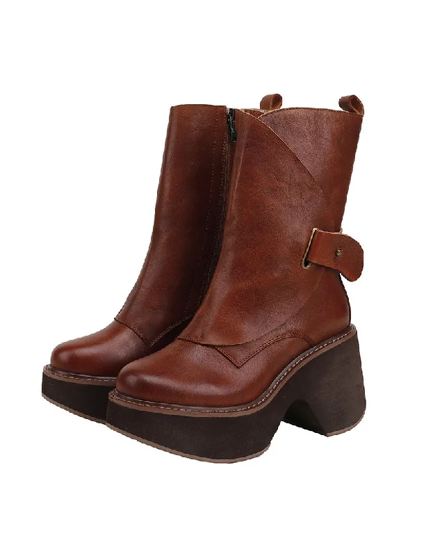 New In This Season Handmade Platform Leather Mid-calf Boots