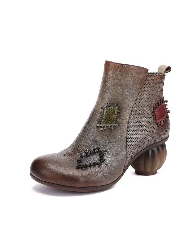 On-Trend Fashion Offers Leather Patch Retro Round Head Chunky Boots