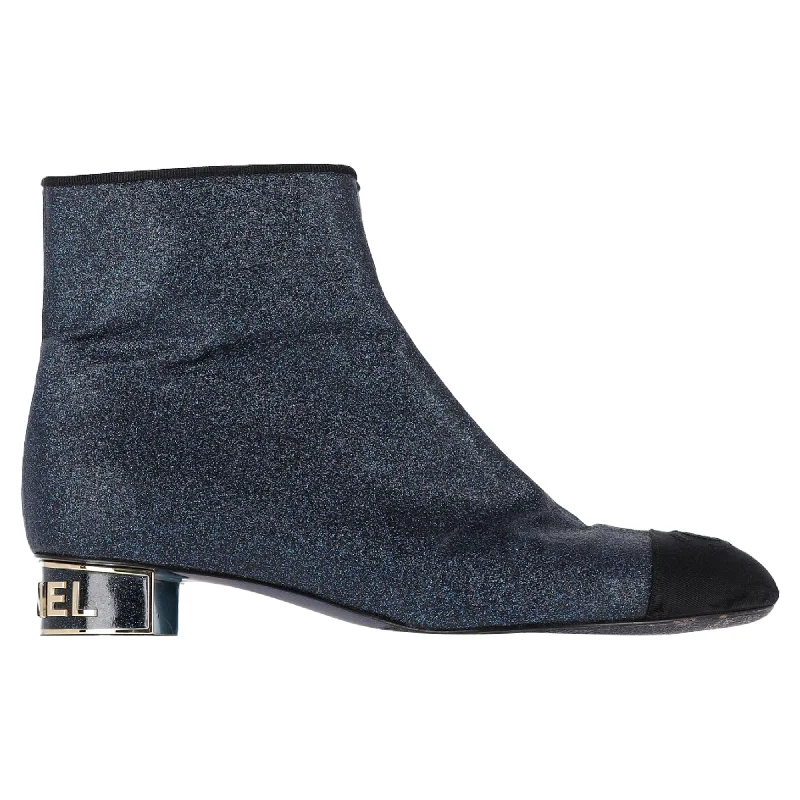 Comfortable Trendy Shoes Chanel CC Logo Captoe Low-Heeled Ankle Boots in Navy Blue Glitter