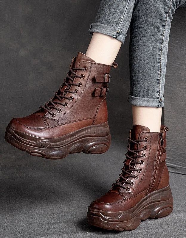 Breathable Shoes Double Buckles Lace up Retro Leather Platform Boots