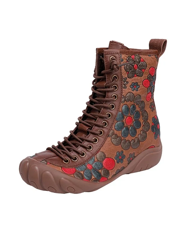 Affordable Trendy Fashion Ethnic Style Lace-up Flower Printed Leather Boots