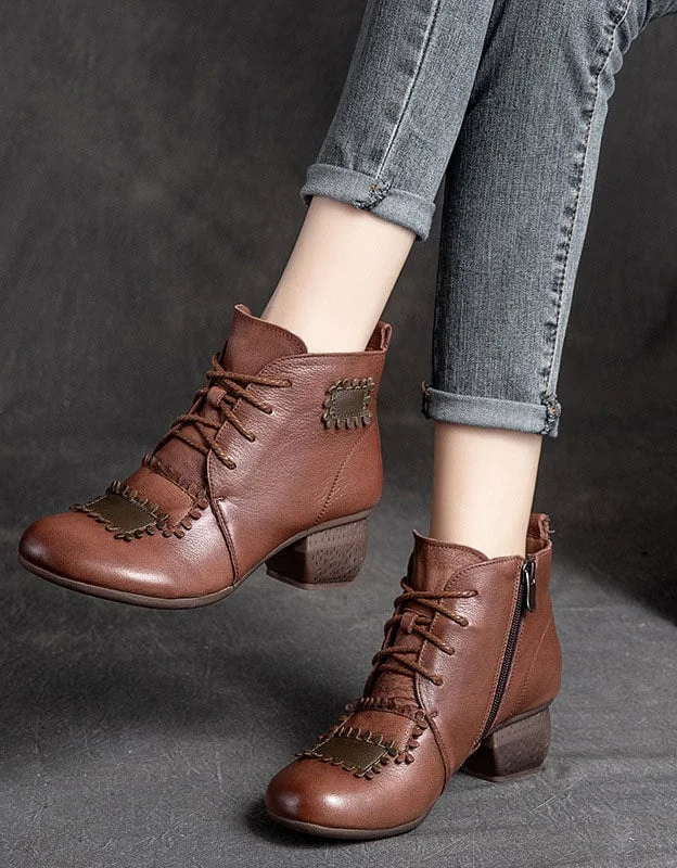 Comfortable Urban Shoes Handmade Retro Leather Patch Chunky Boots