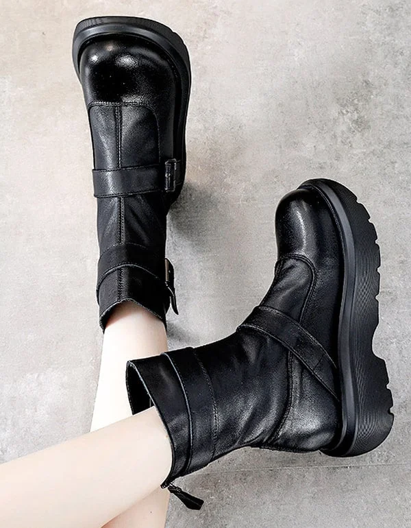 Exclusive Designer Shoes Sale Retro Leather Thick Heel Mid-tube Buckle Black Boots