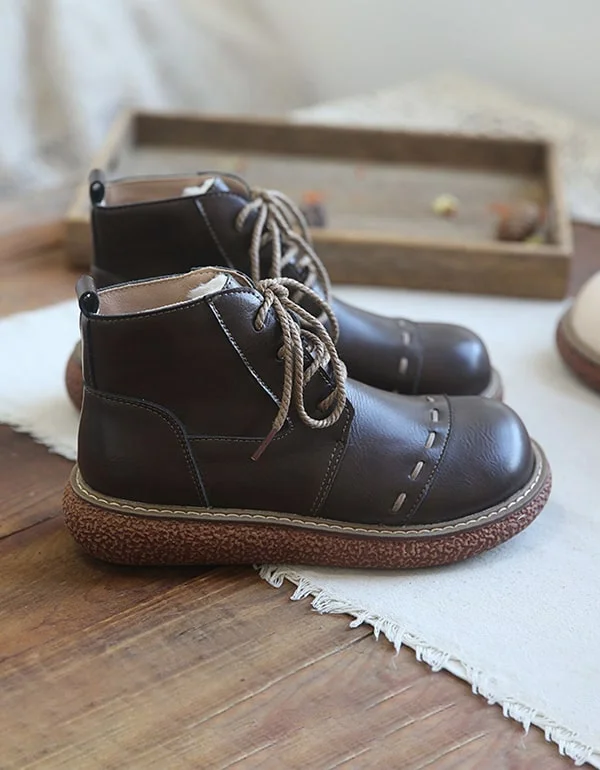 Elegant Fashion Offers Round Head Smooth Leather Retro Platform Boots