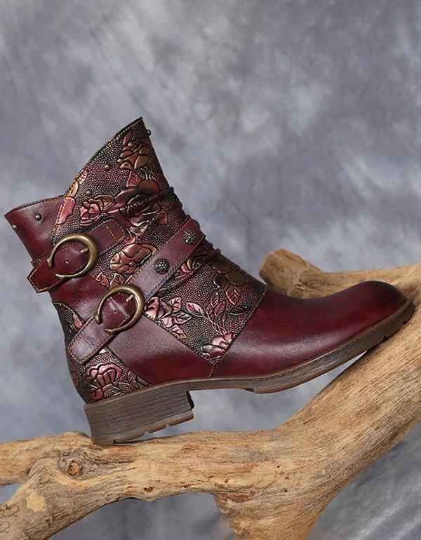 Glamorous Fashion Offers Vintage Handmade Embossing Buckle Ankle Boots