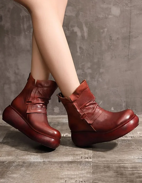 Contemporary Chic Promotions Winter Plush Mid-tube Retro Leather Wedge Boots