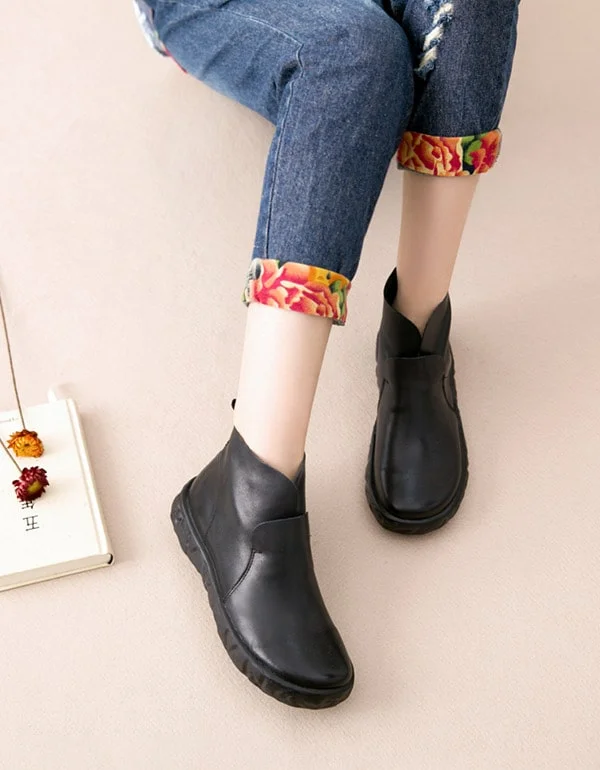 Fresh Fashion Discounts Winter Retro Leather Women's Black Boots Plush