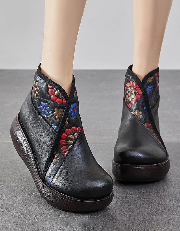 Fashionable Casual Loafers Winter V-Neck Flower Printed Retro Wedge Boots